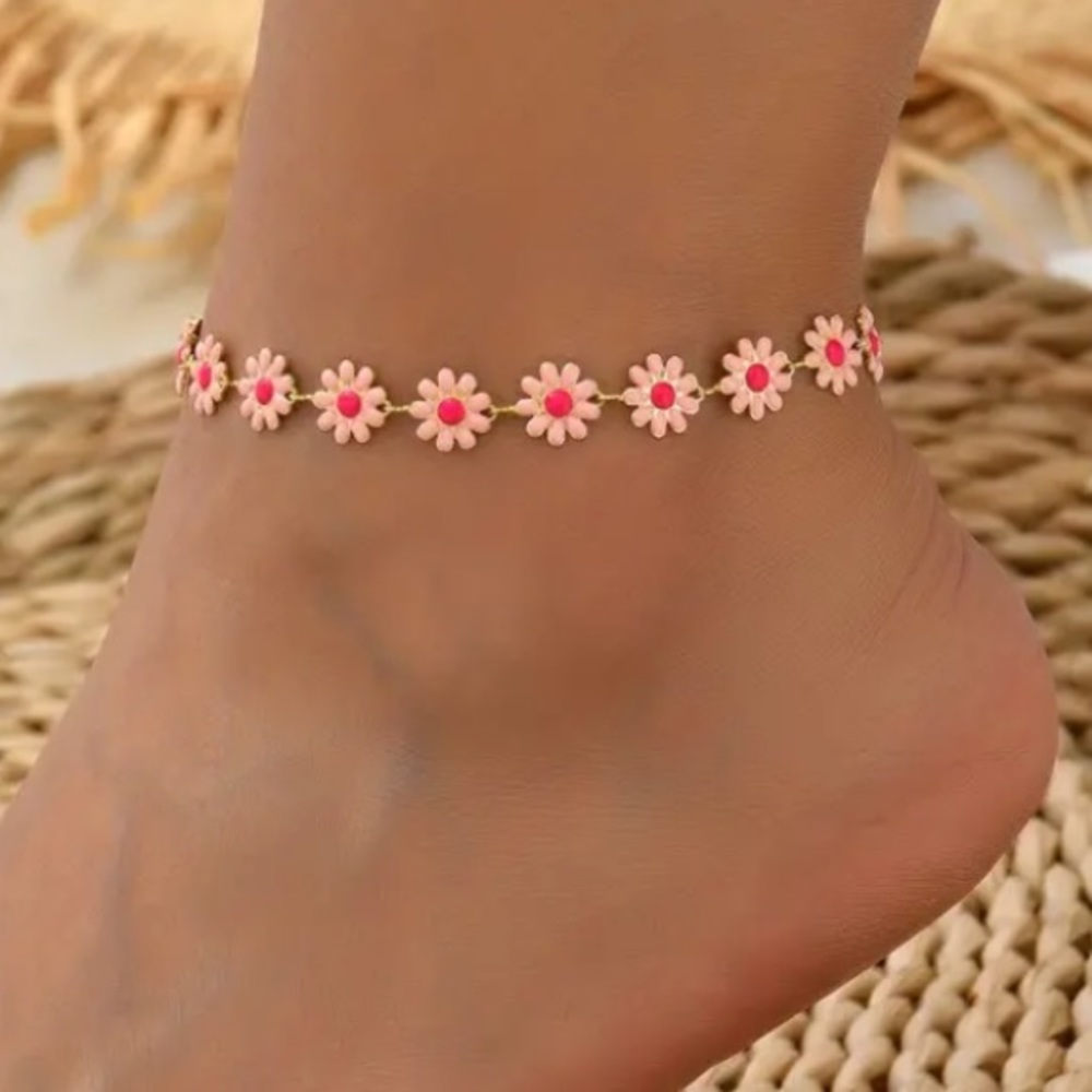 Pink Flower Daisy Gold Toned Anklet - Picture 3 of 3
